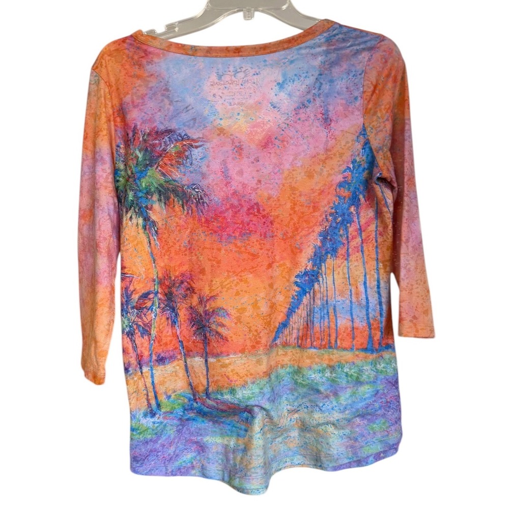 Leoma Lovegrove Tropical Palm Tree Artsy Henley Top Orange Pink Blue Small - Picture 2 of 9
